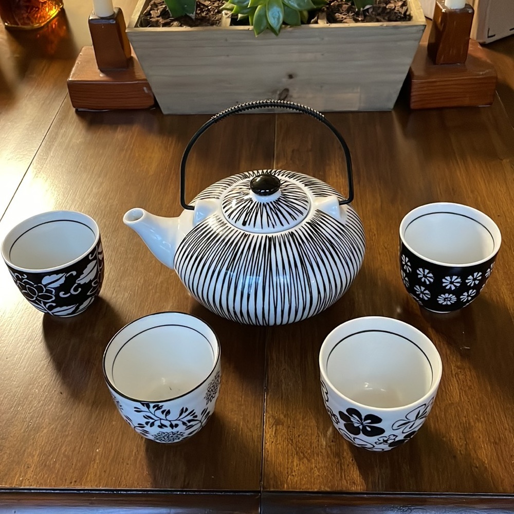 Pier 1 Akina Porcelain Black & White Teapot Tea Set 4 Cups Hand Painted Floral